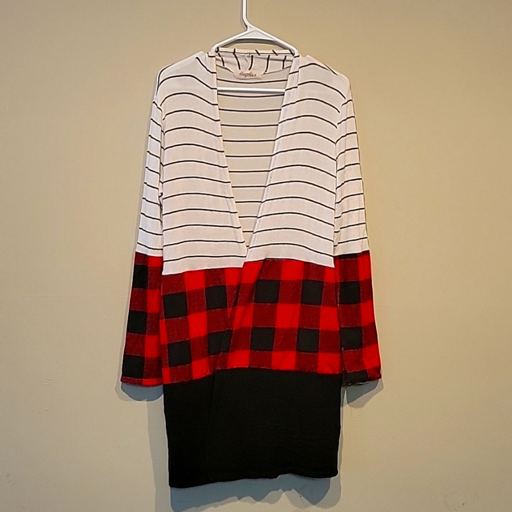 Haptics Striped & Plaid Print Open Front Cardigan sz Small